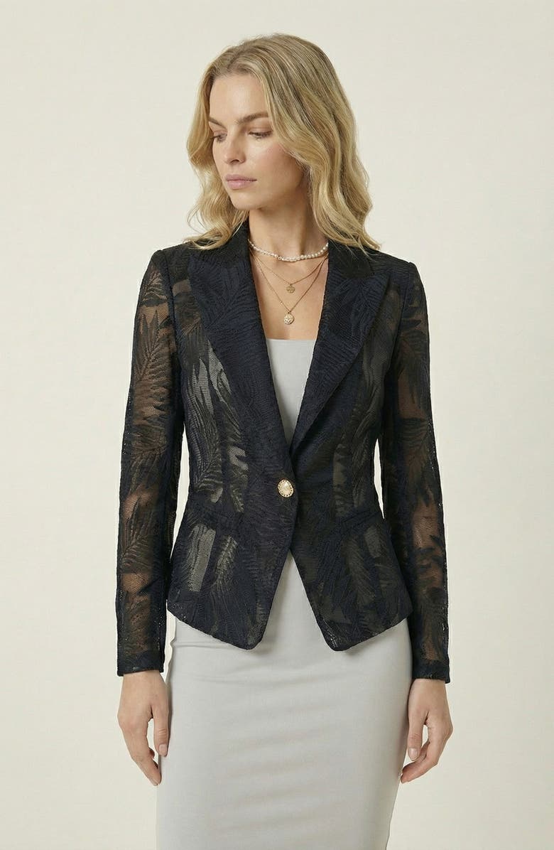 Modenaire Sheer Lace Sleeved Tailored Blazer, Main, color, Navy Blue