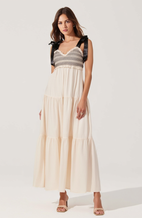 Smocked Lace-Trim Maxi Dress with Satin Bow-Tie Straps
