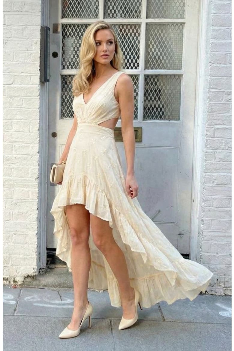 High-Low Ruffle Hem Cutout Dress, Alternate, color, Ivory