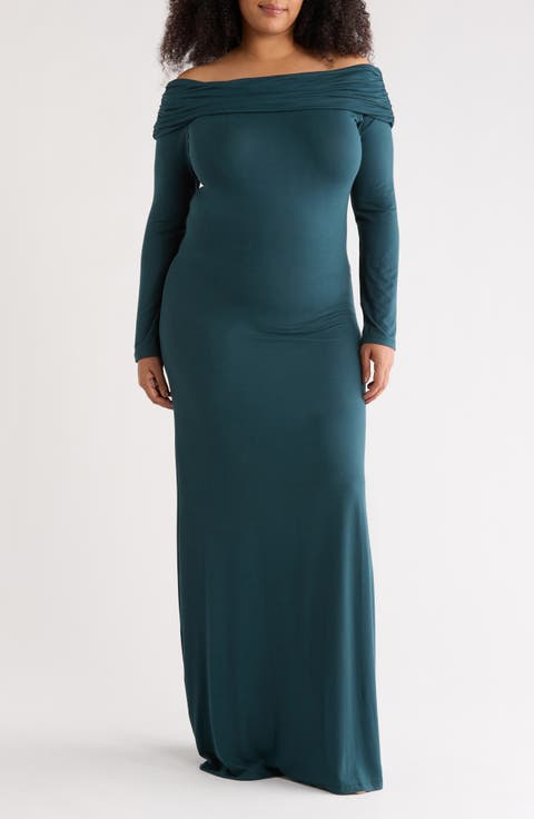 Off the Shoulder Long Sleeve Maxi Dress (Plus)
