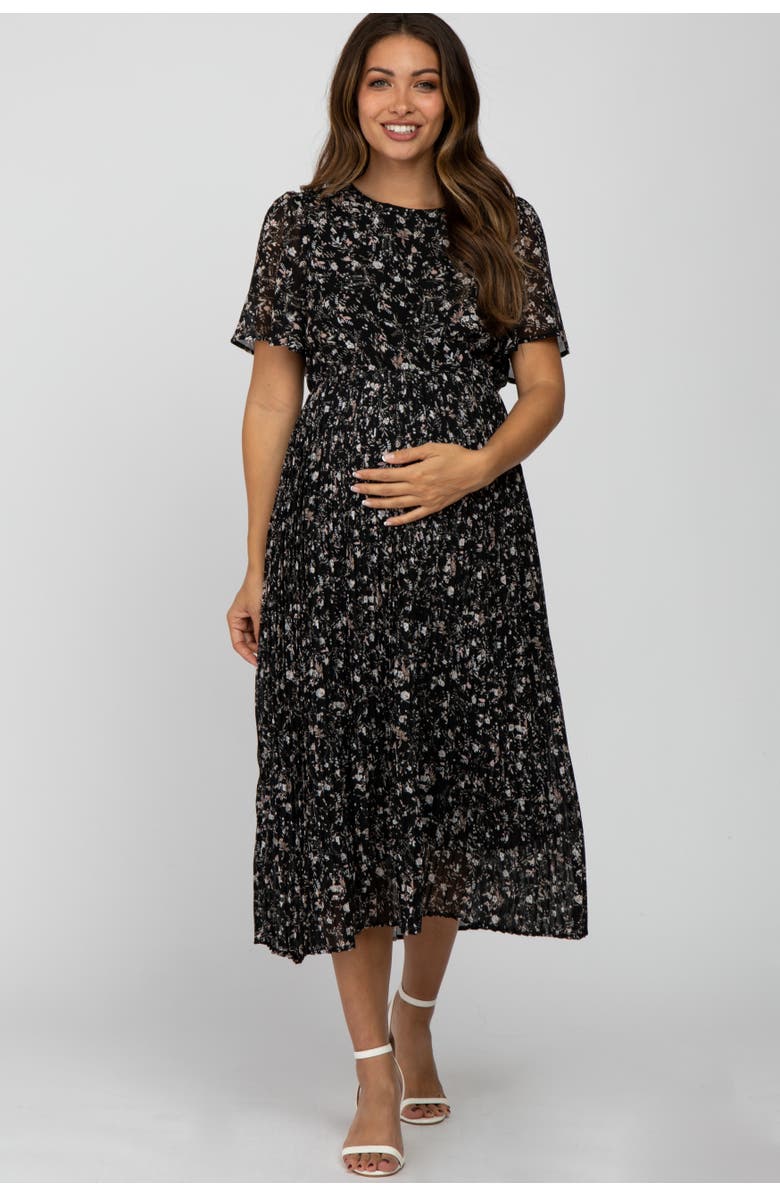 PinkBlush Floral Pleated Chiffon Midi Dress, Main, color, Black