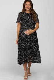 PinkBlush Floral Pleated Chiffon Midi Dress