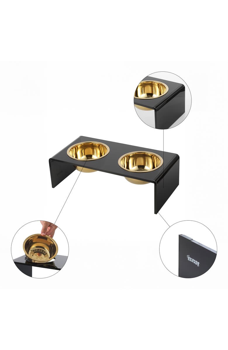 The Licker Store Keaton Modern Lucite Rectangular Elevated Pet Feeder with 2-Stainless Steel Bowls, Alternate, color, Black/Gold