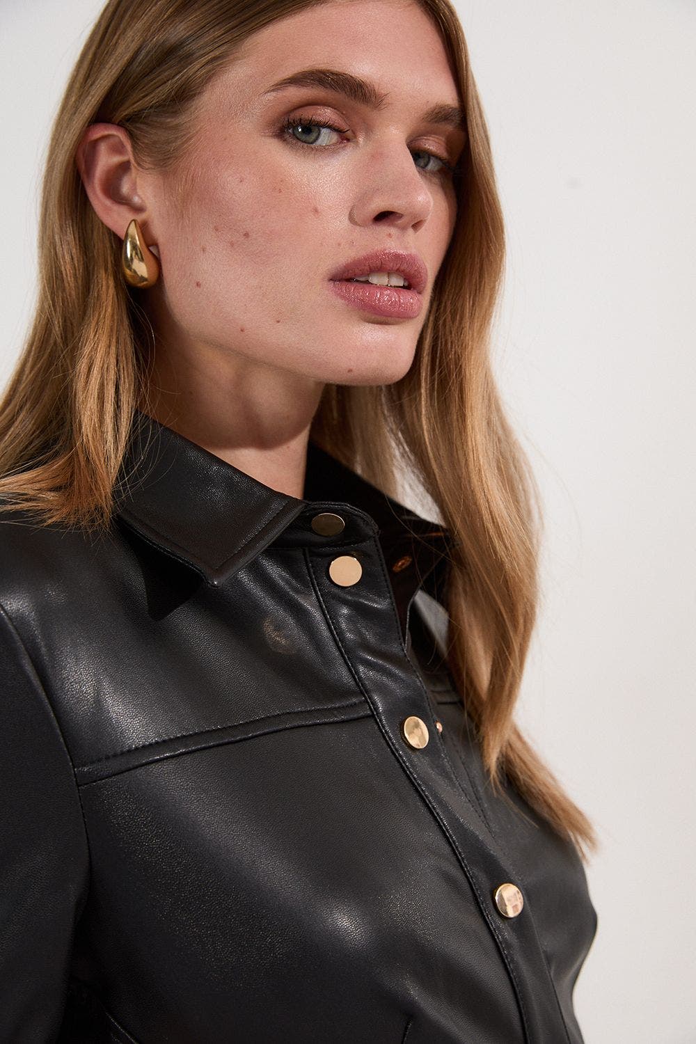 faux leather midi shirt dress Karen Millen Faux Leather Belted Midi Shirt Dress in Black