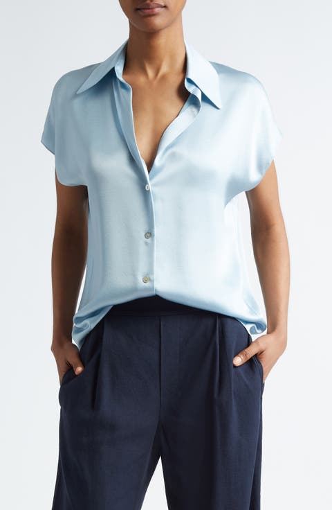 Cap Sleeve Gathered Back Short Sleeve Silk Button-Up Shirt