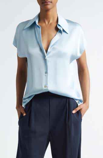 Vince Cap Sleeve Gathered Back Short Sleeve Silk Button-Up Shirt