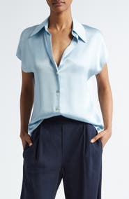 Vince Cap Sleeve Gathered Back Short Sleeve Silk Button-Up Shirt