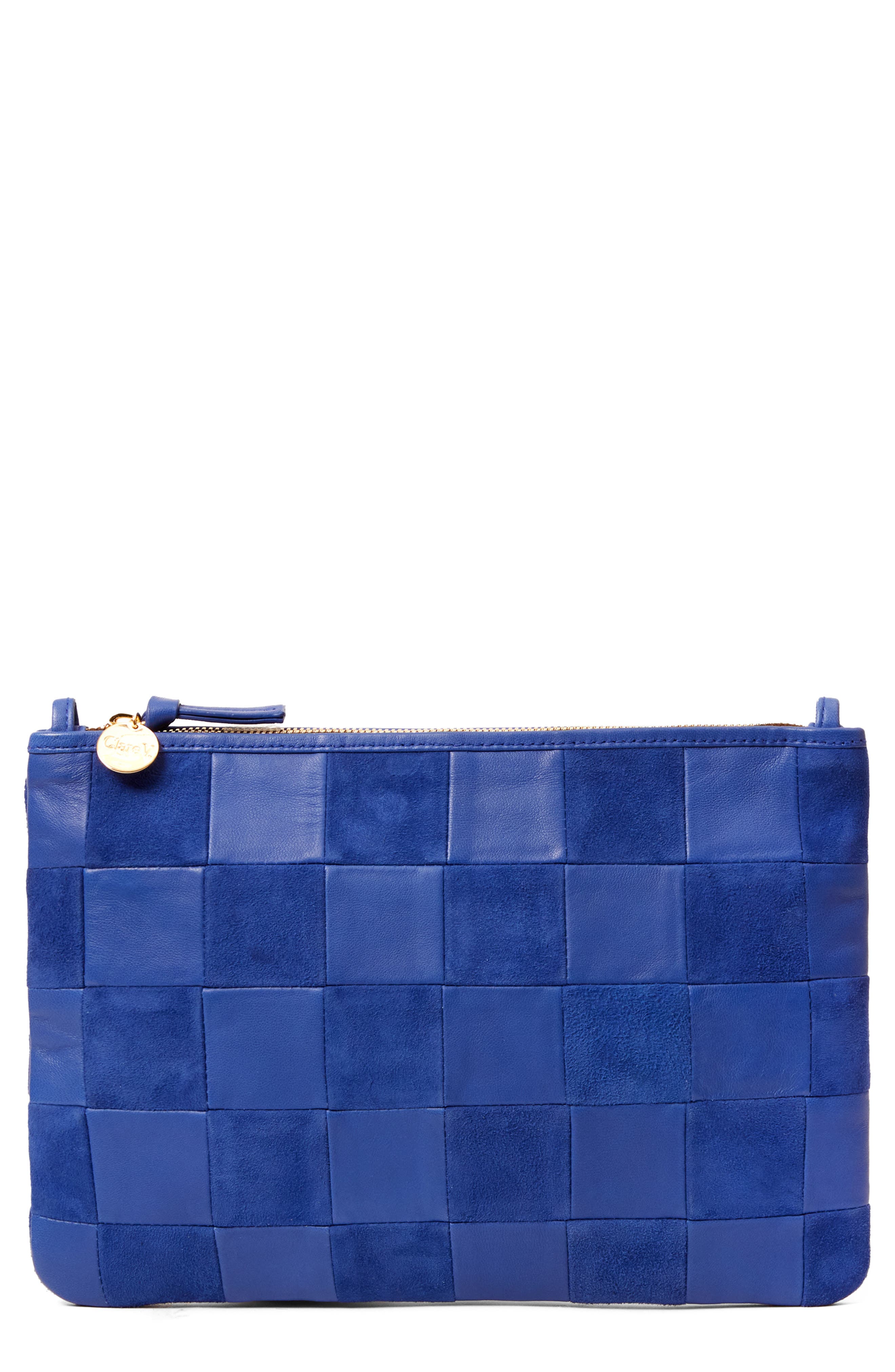 Checkered Leather Flat Clutch, Main, color, LAGOON