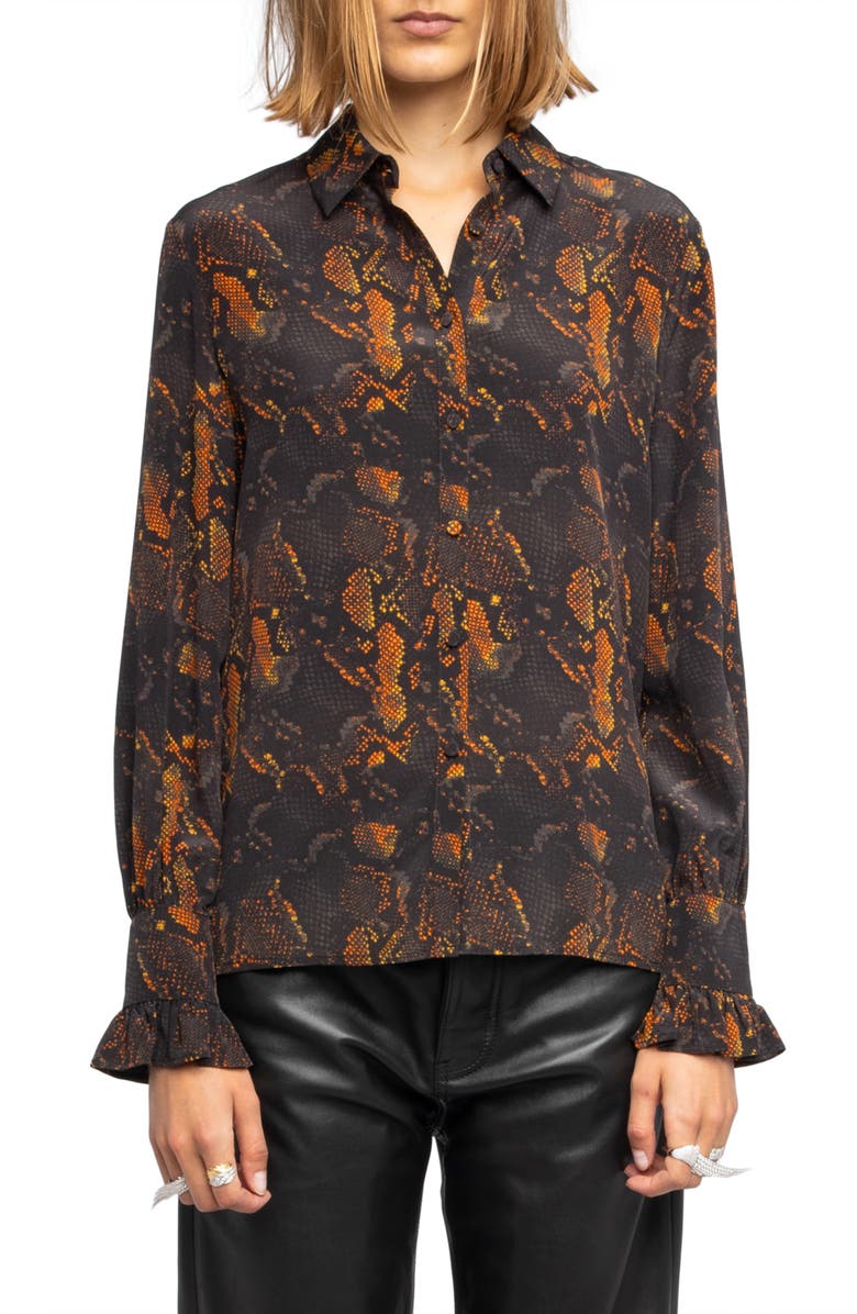 Zadig & Voltaire Thely Python Print Silk Button-Up Shirt, Main, color, Black