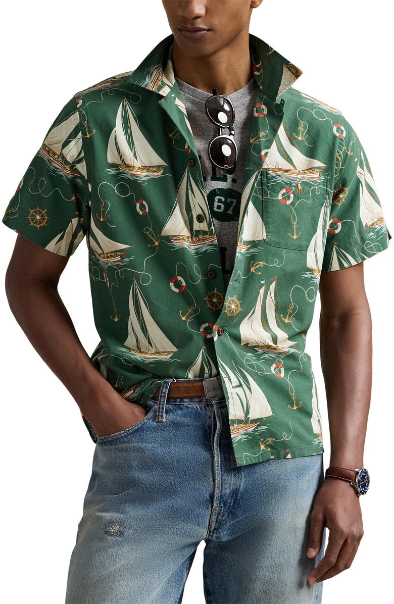 Polo Ralph Lauren Sailboat Print Cotton Oxford Cloth Camp Shirt, Main, color, 