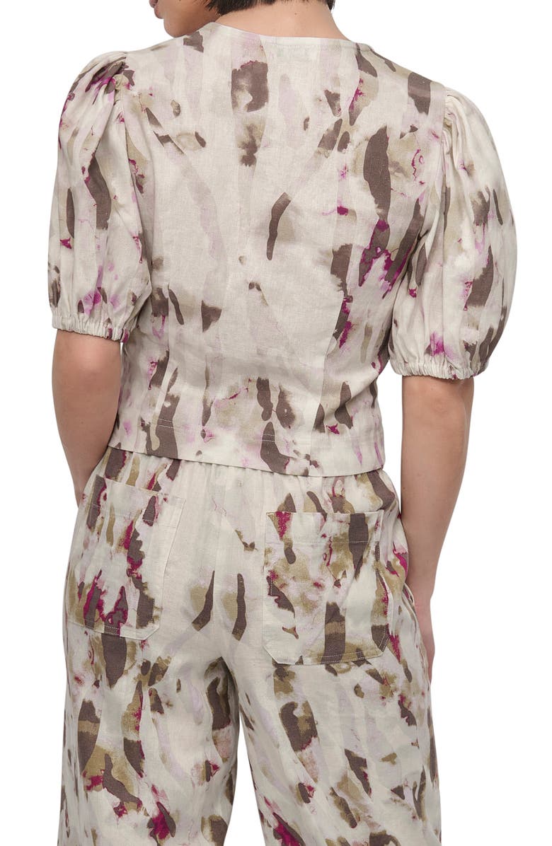 DKNY Print Zip Front Puff Sleeve Linen Blend Top, Alternate, color, Shattered Tiger