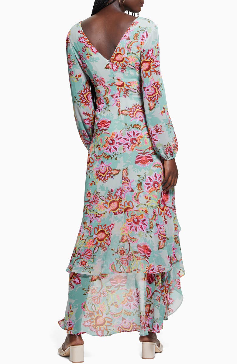 GUESS Sheila Print Ruffle Long Sleeve High-Low Maxi Dress, Alternate, color, Serene Mosaic
