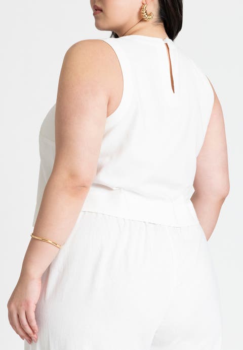 Linen-Blend Boxy Scoop Neck Crop Tank