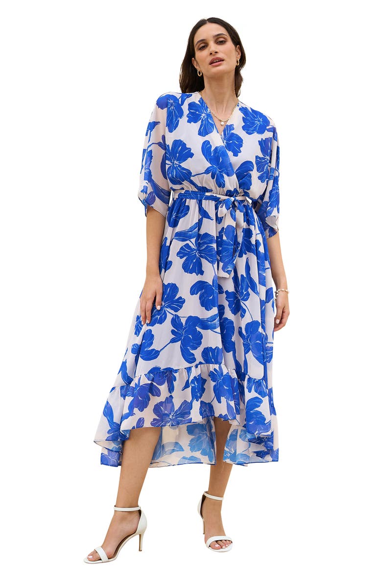 Midi Dip Hem Wrap Dress, Main, color, Blue