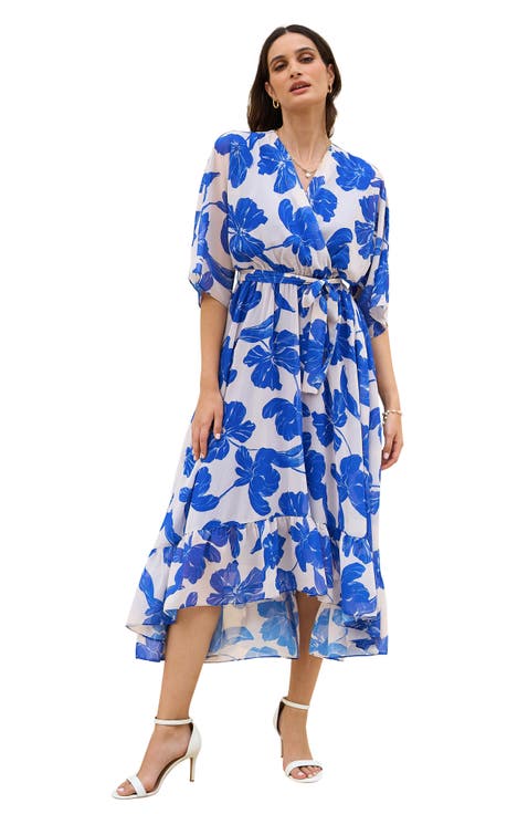 Kimono Sleeves Midi Dip Hem Wrap Dress
