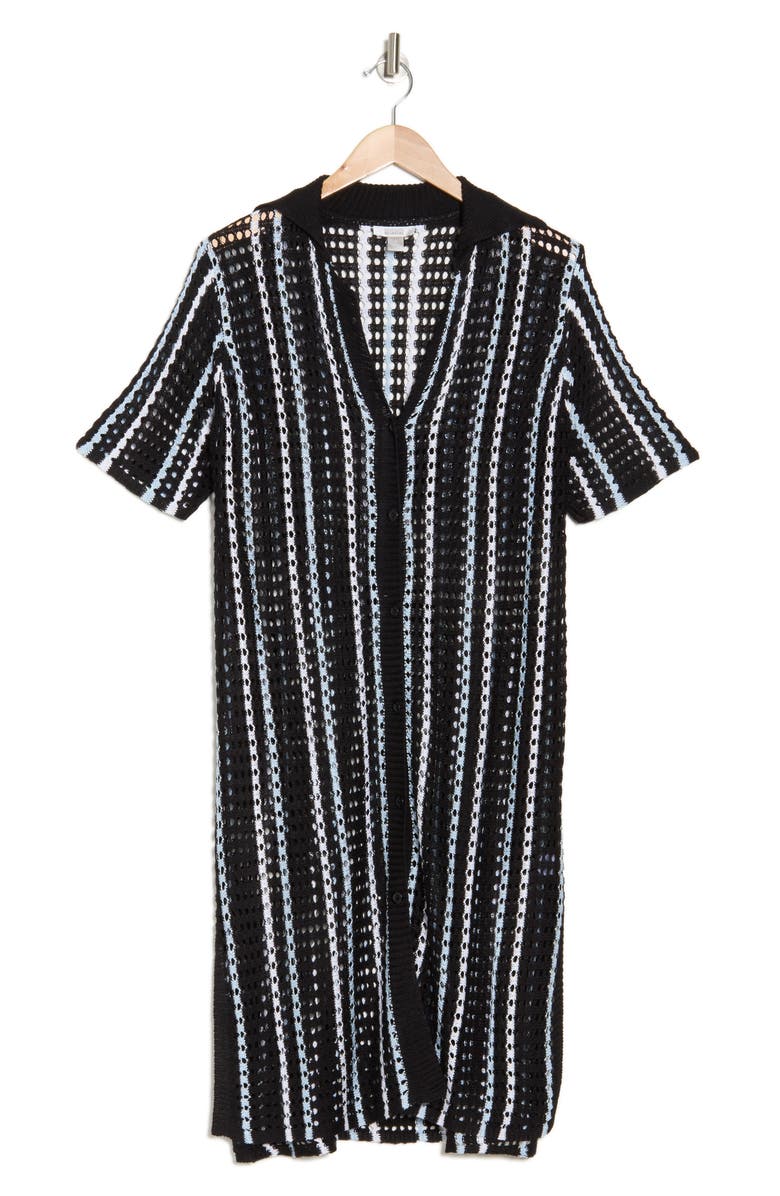 NORDSTROM RACK Open Knit Button-Up Cover-Up Dress, Alternate, color, Black Stripe