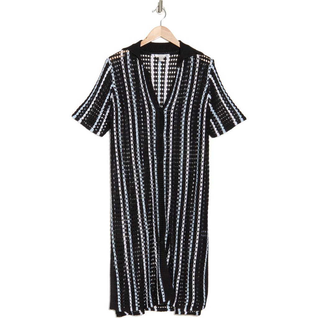 Nordstrom Rack Open Knit Button-up Cover-up Dress In Black Stripe