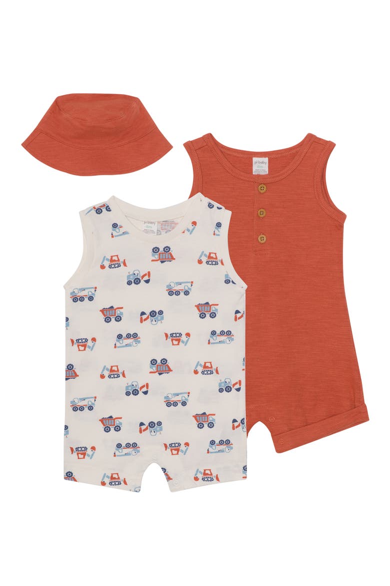 2-Pack Assorted Rompers & Bucket Hat Set, Main, color, TRUCKS