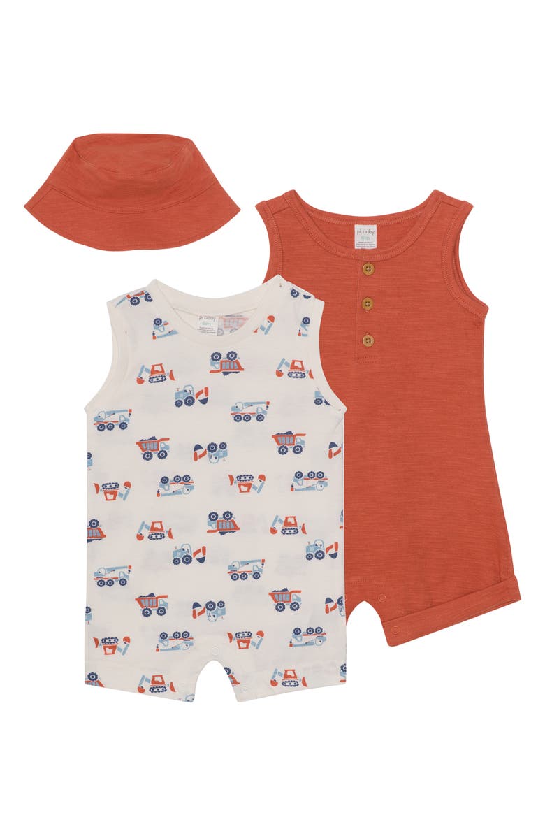PL Baby by Petit Lem 2-Pack Assorted Rompers & Bucket Hat Set, Main, color, Trucks