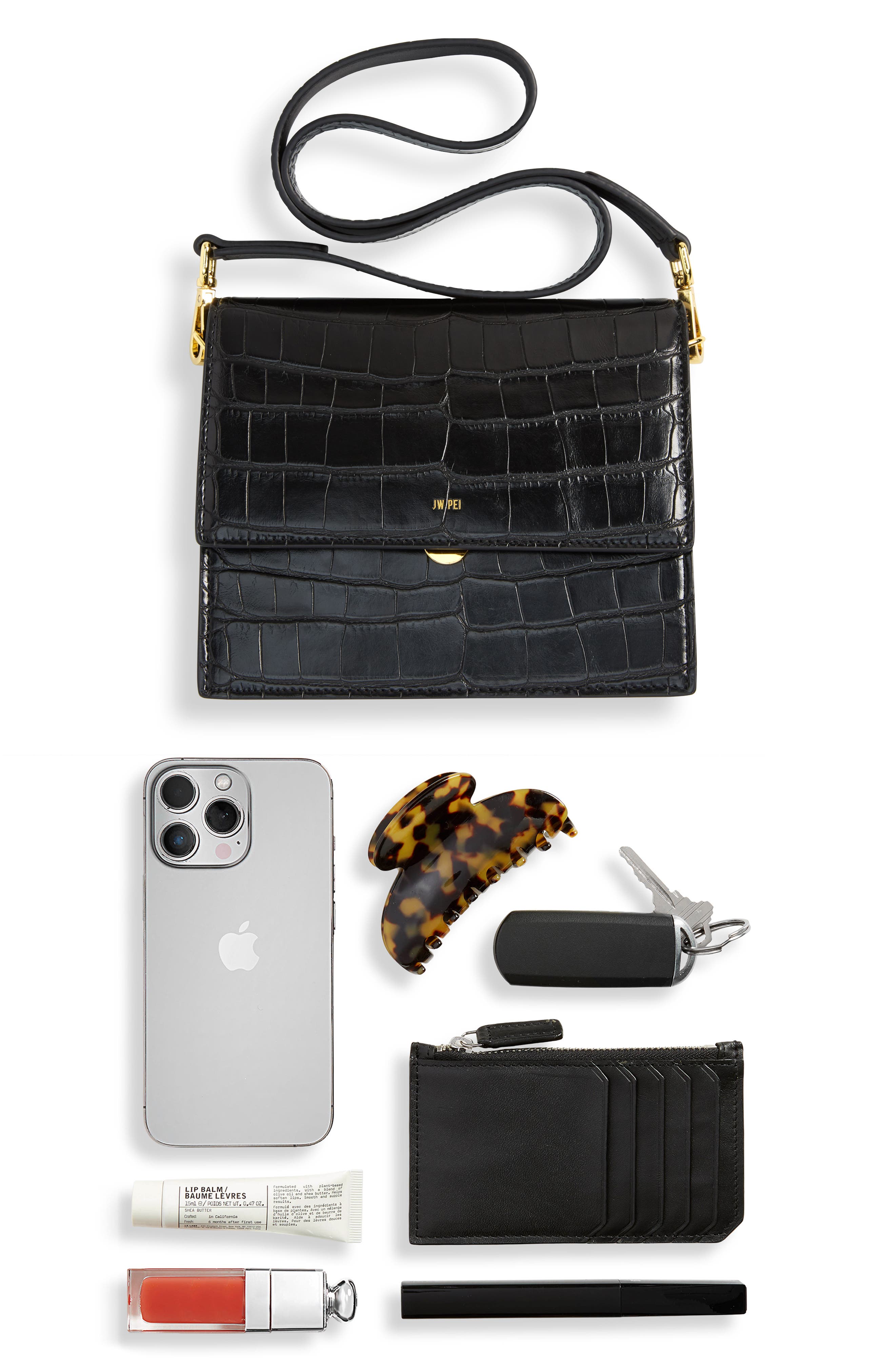 Mini Flap Croc Embossed Faux Leather Shoulder Bag, Alternate, color, BLACK CROC