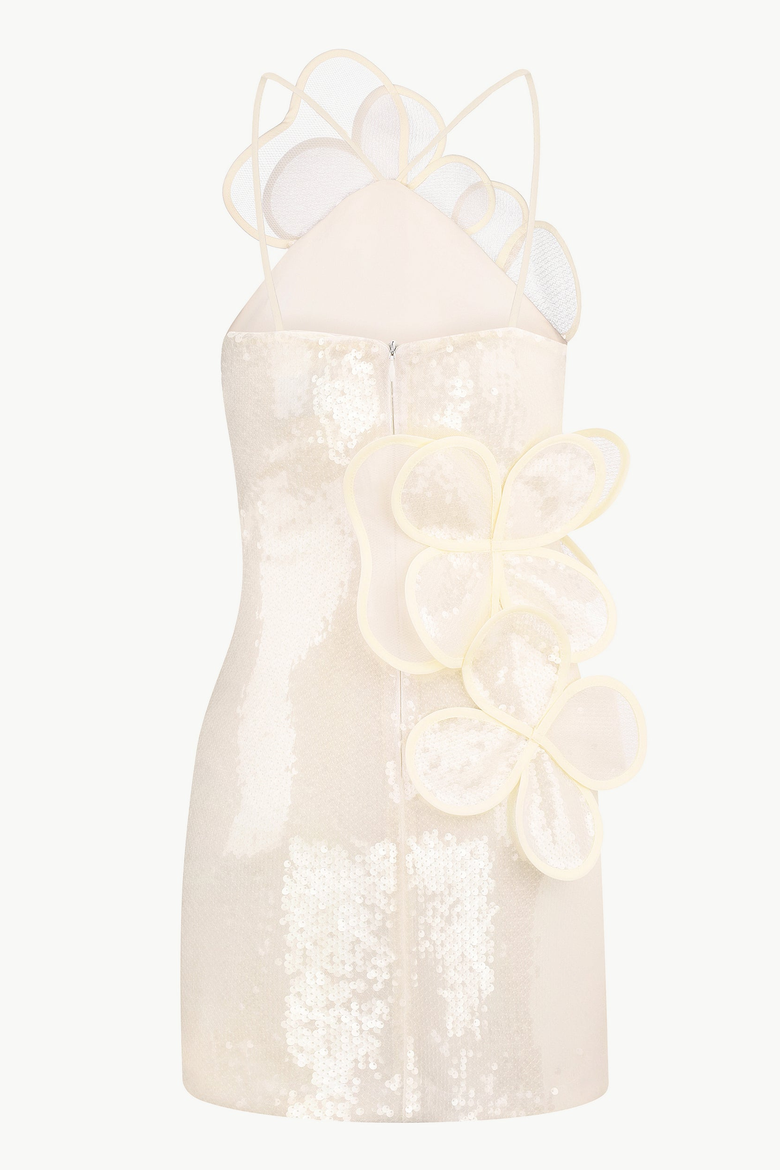 Handcrafted Sequin Mini Dress With Floral Appliques, Alternate, color, Beige