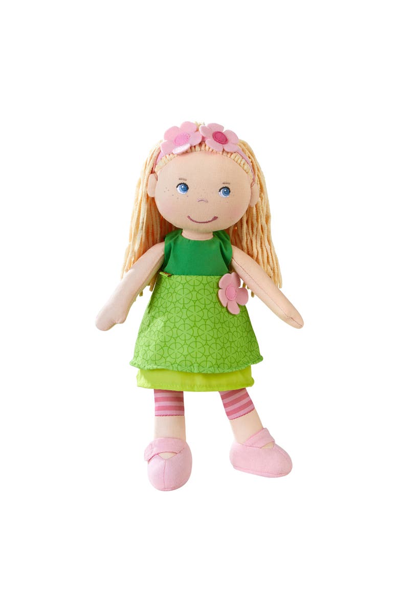 HABA 12" Soft Doll Mali with Blonde Hair and Blue Eyes, Soft Toddler Baby Dolls with Embroidered Face, Machine Washable Toddler Girl Toys for 18 mo+, Main, color, Green Multi