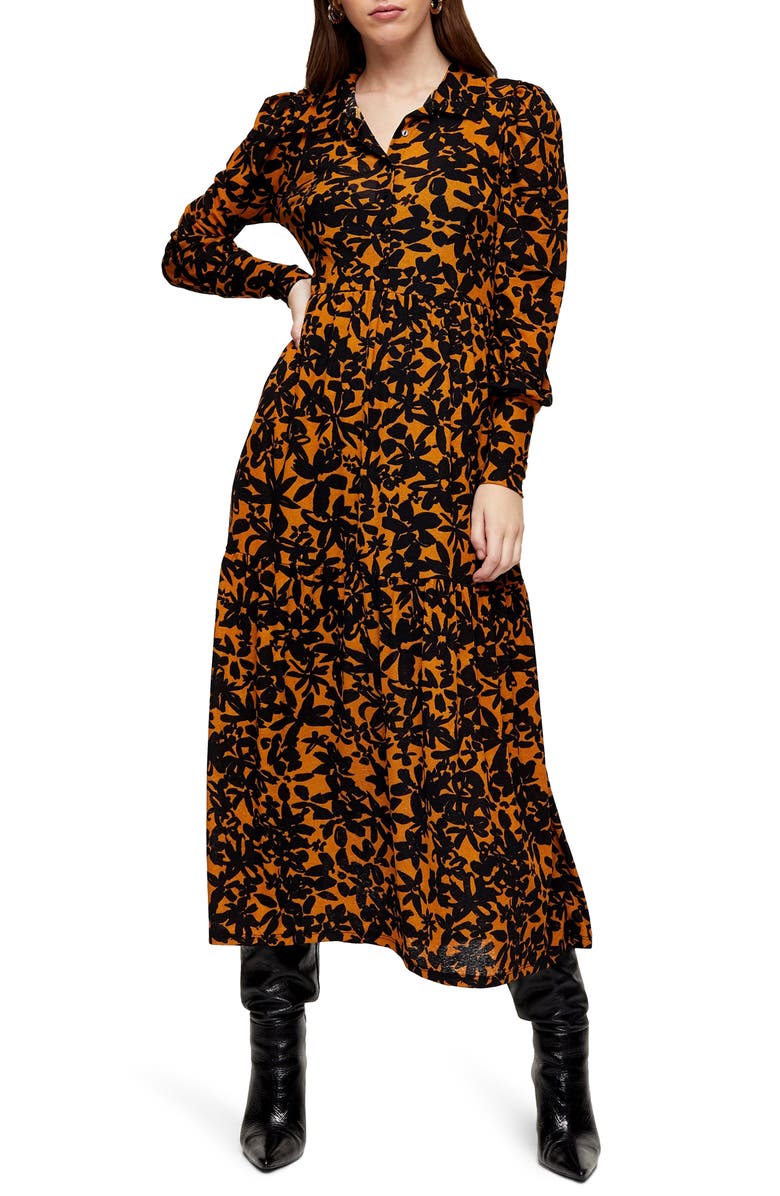 Topshop Floral Print Long Sleeve Maxi Shirtdress, Main, color, 