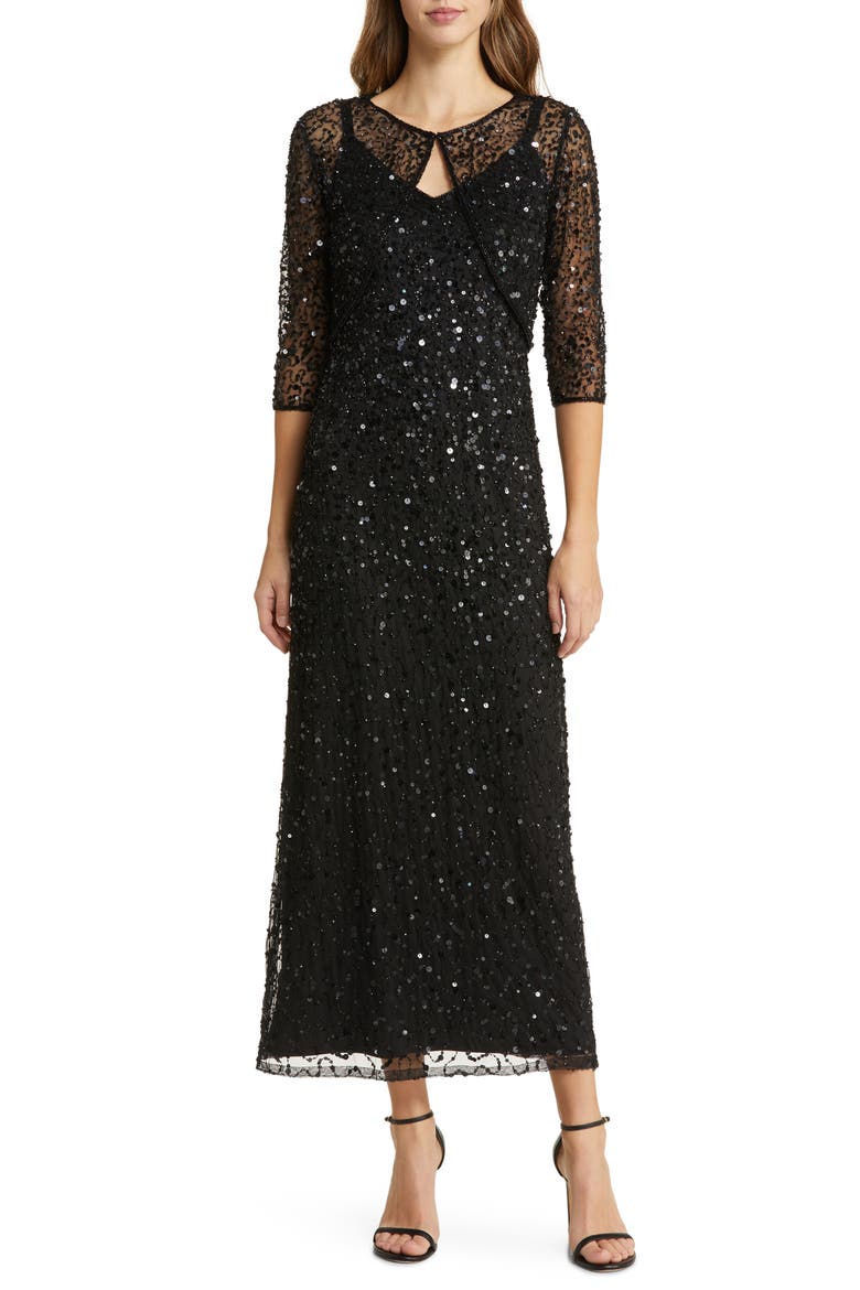 Beaded Cocktail Dress with Bolero, Main, color, BLACK