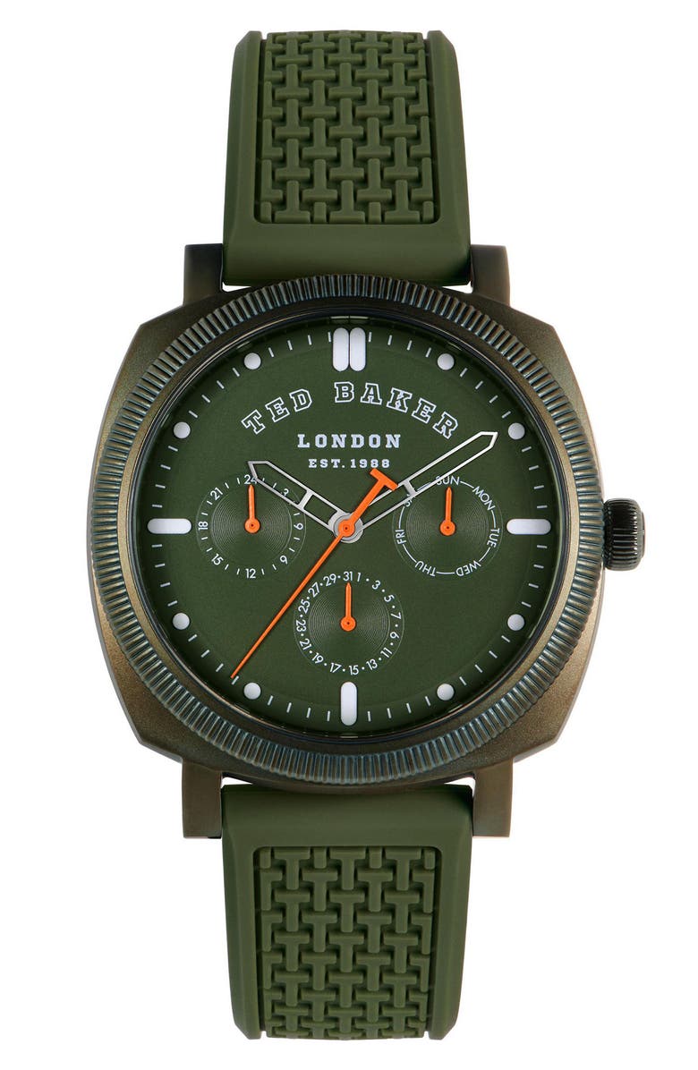 Ted Baker Caine Silicone Strap Multifunction Watch, 44mm, Main, color, Green