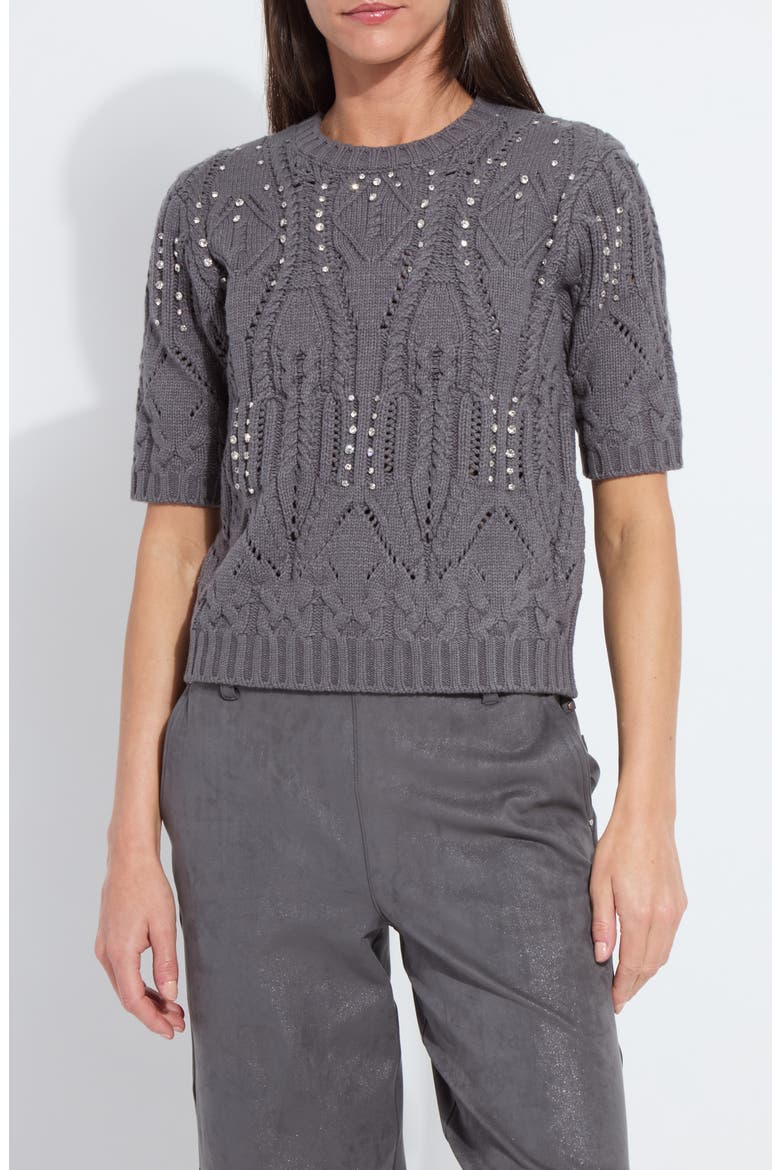 Hadley Crystal Embellished Short Sleeve Sweater, Main, color, GREY MELANGE
