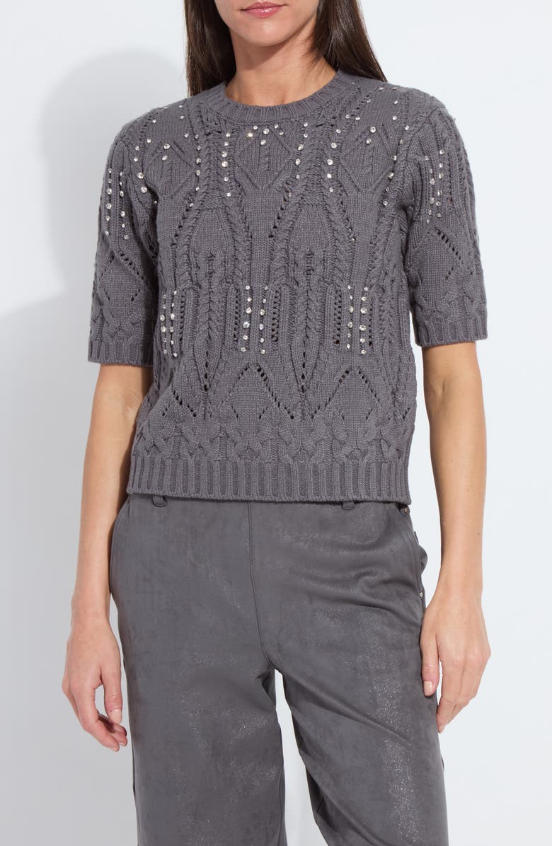Lysse Hadley Crystal Embellished Short Sleeve Sweater, Main, color, Grey Melange