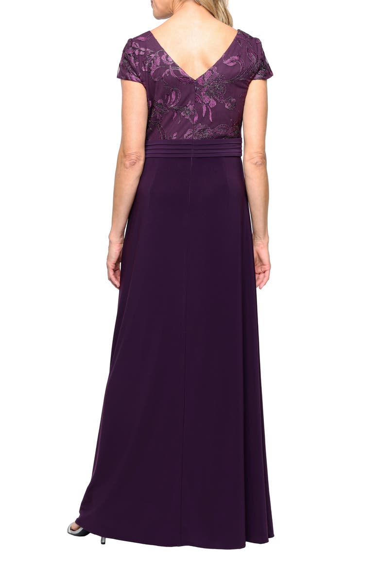 Floral Embroidered Empire Waist A-Line Gown, Alternate, color, PLUM