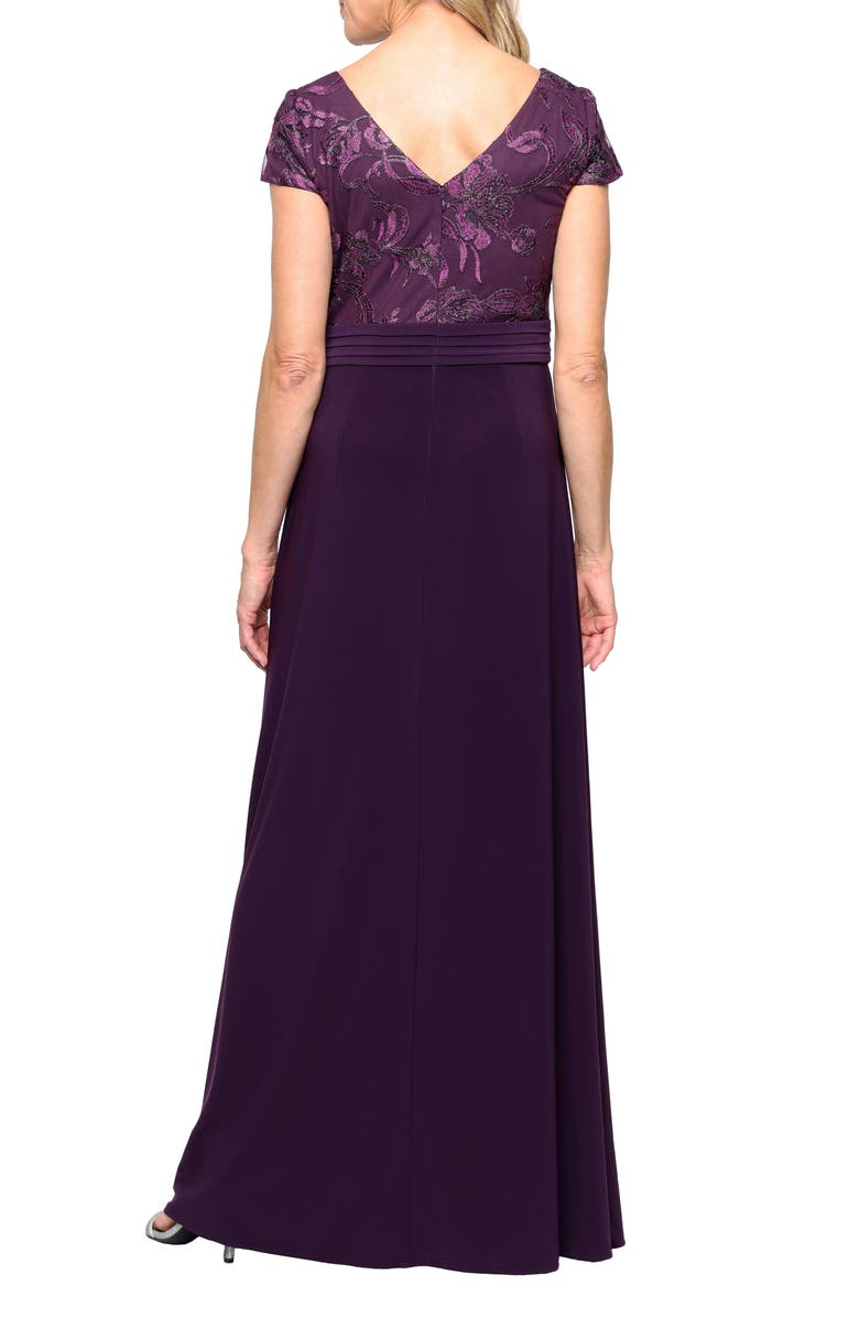 Alex Evenings Floral Embroidered Empire Waist A-Line Gown, Alternate, color, Plum