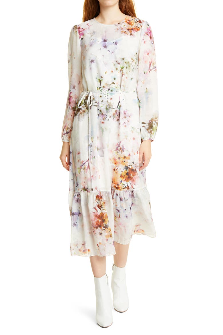 Kally Vanilla Ruffle Hem Midi Dress, Main, color, WHITE