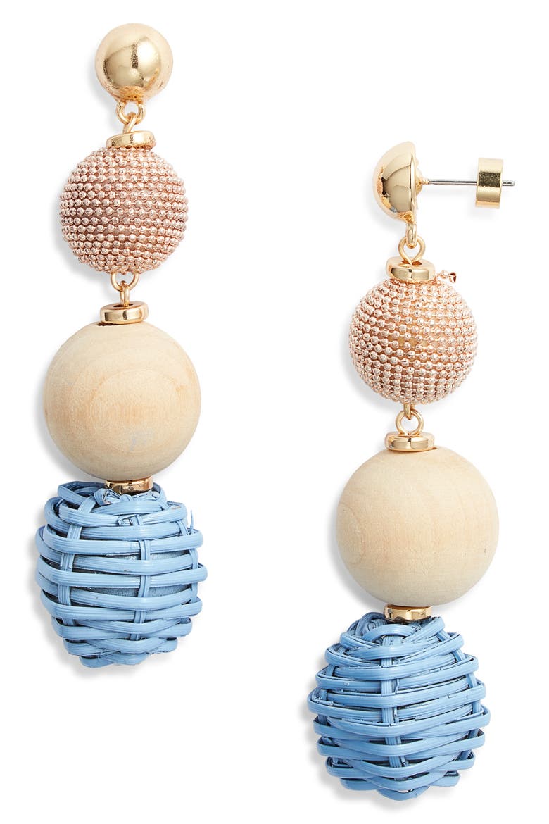 Raffia & Wood Bead Drop Earrings, Main, color, BLUE- TAN- ROSE