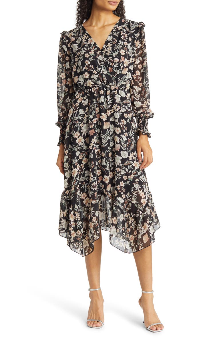 Fraiche by J Melo Floral Ruffle Long Sleeve Midi Dress, Main, color, 