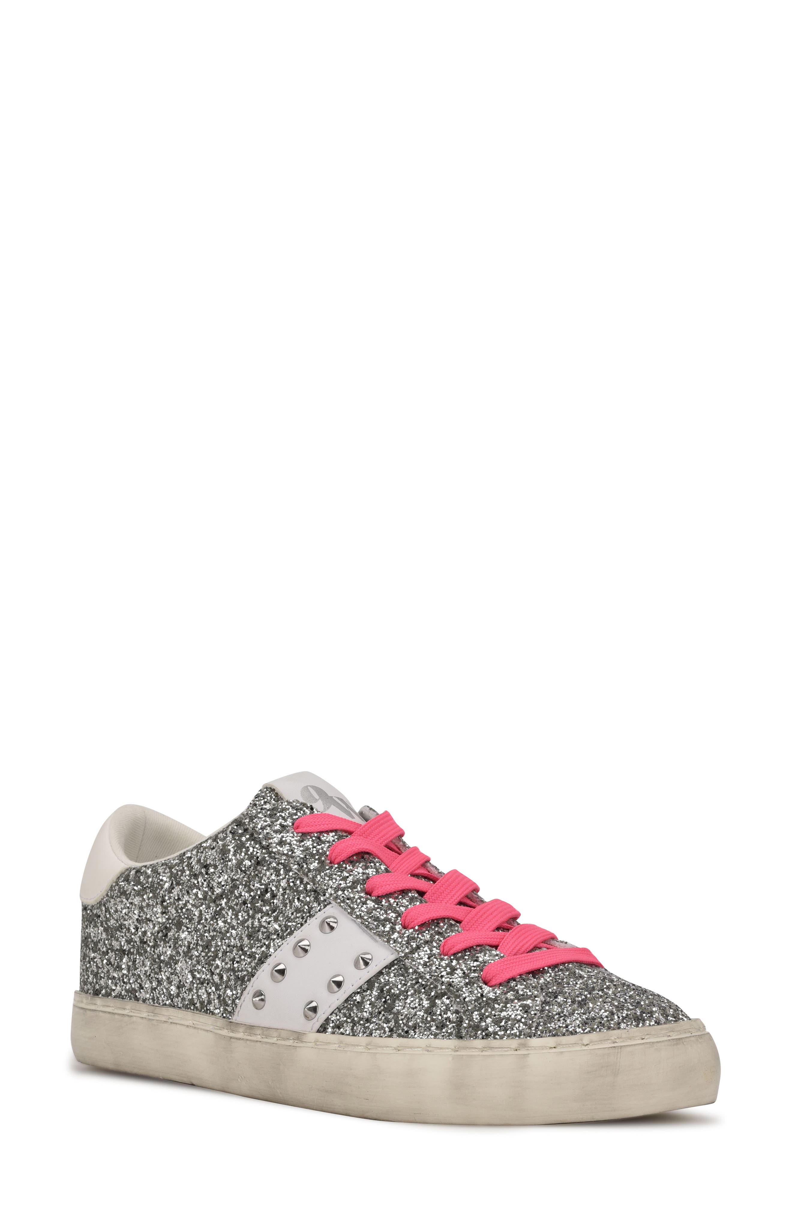 Nine West Sneaks Studded Sneaker, Main, color, Silver Glitter/ White