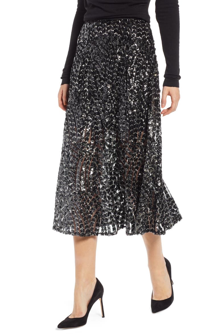 Sequin Midi Skirt (Nordstrom Exclusive), Main, color, BLACK SILVER SEQUINS
