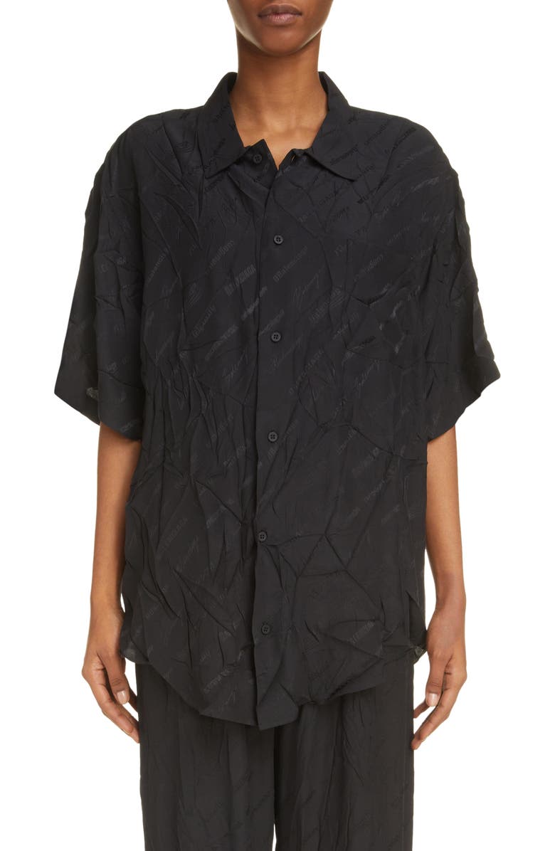 Balenciaga Logo Jacquard Silk Button-Up Shirt, Main, color, 