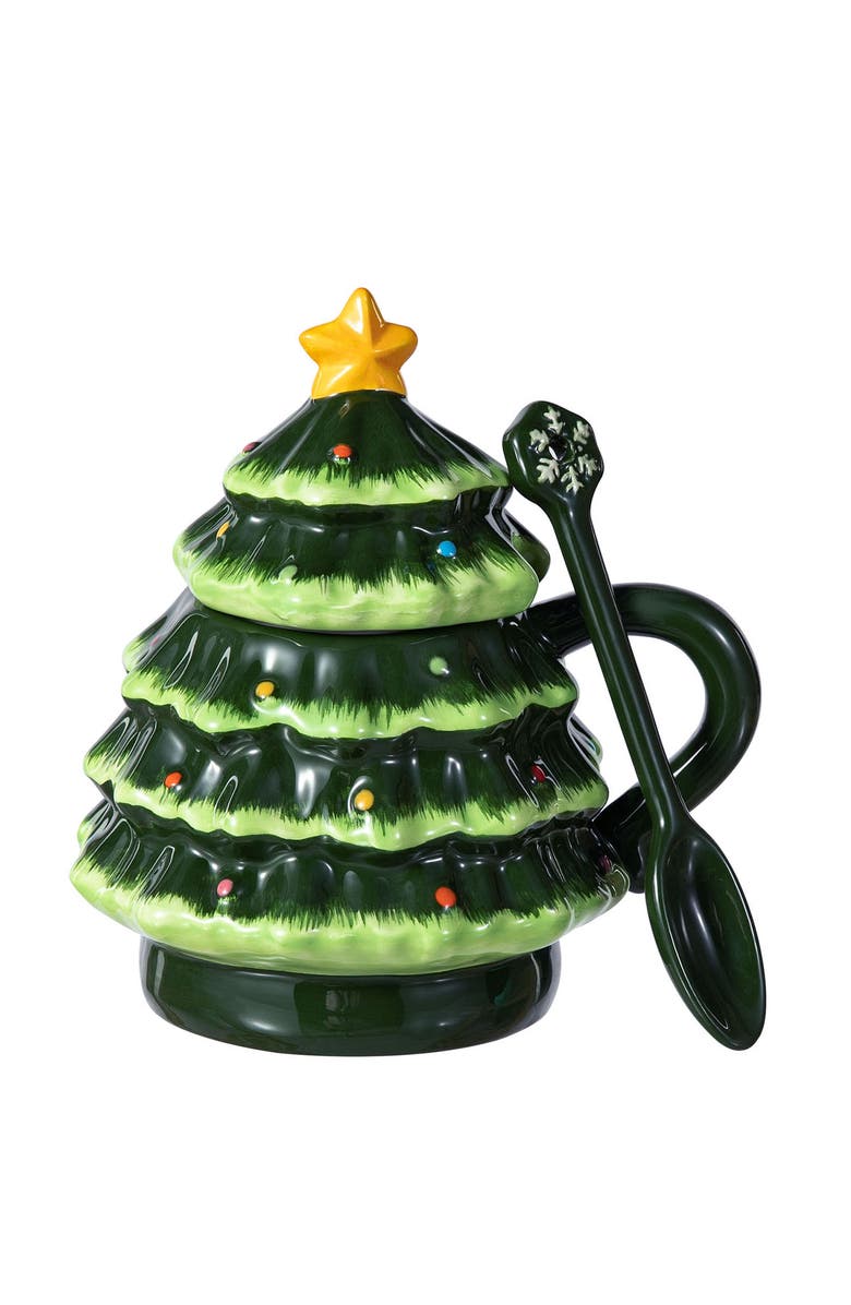 Glitzhome Christmas Ceramic Tree Mug with Lid and Spoon, Main, color, 
