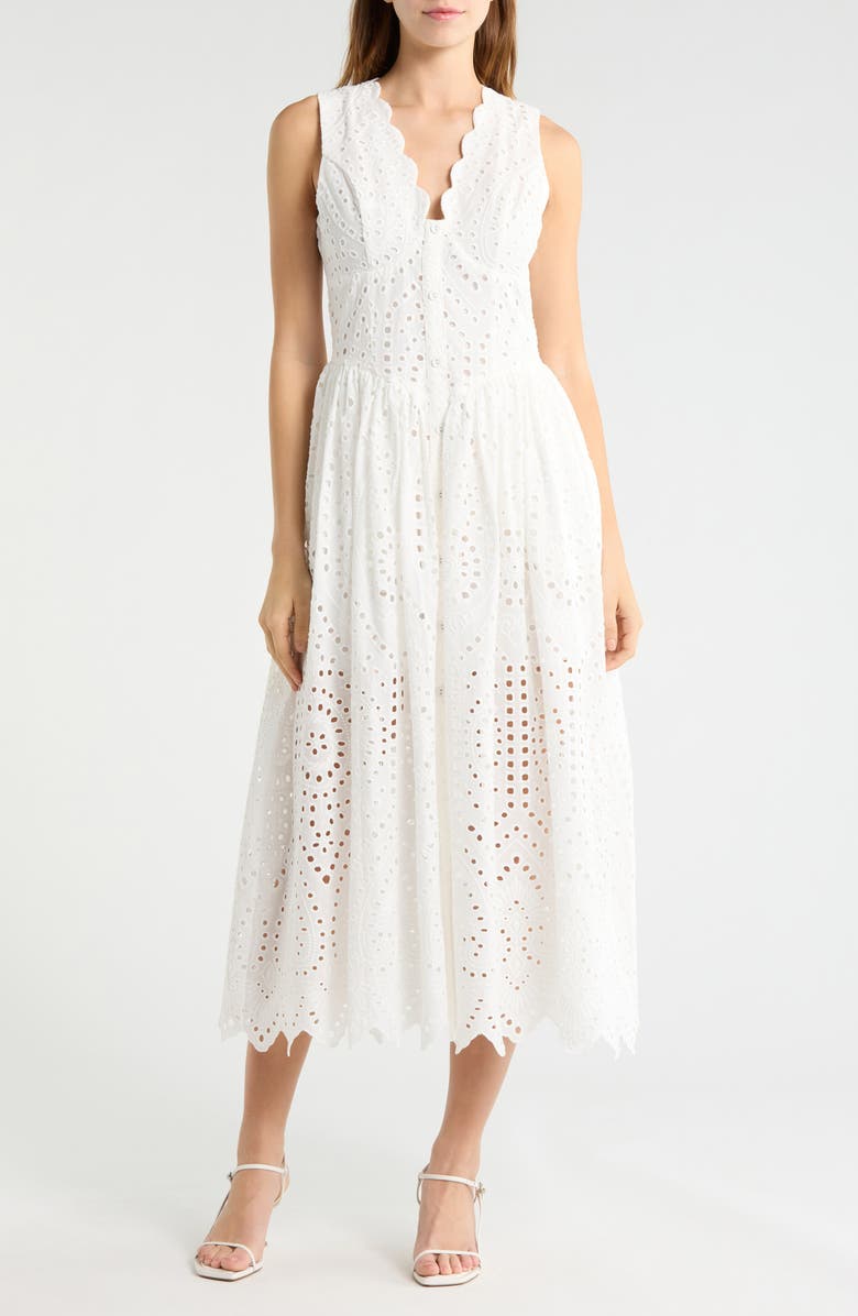 Avec Les Filles Scallop Neck Cotton Eyelet Midi Dress, Main, color, White