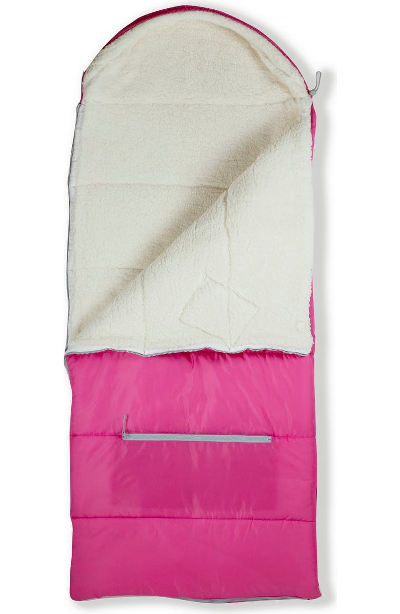 mimish Kids' Sleep-n-Pack Faux Shearling Lined Sleeping Bag Backpack, Alternate, color, Hibiscus Pink/ Coconut White