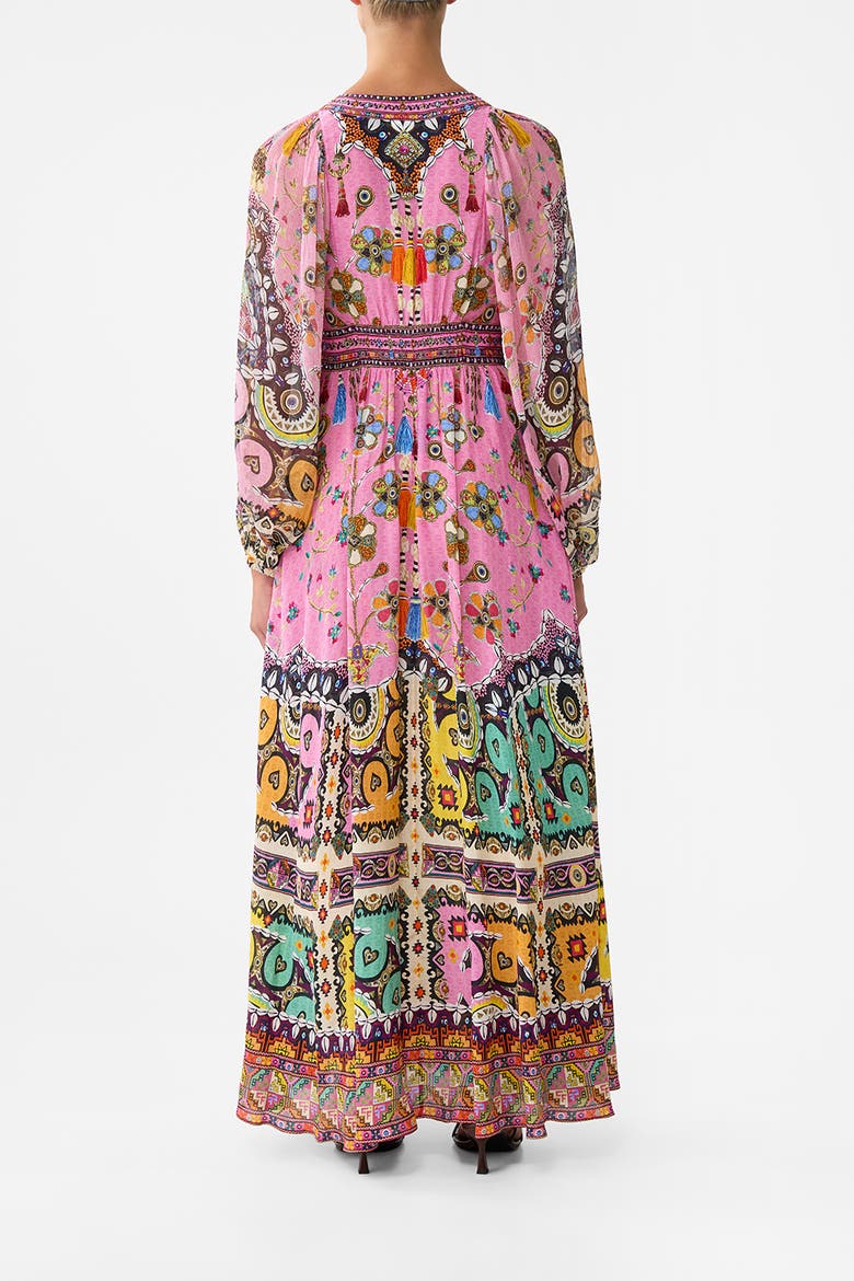 Lace Up Front Long Dress Patchwork Panorama, Alternate, color, Patchwork Panorama