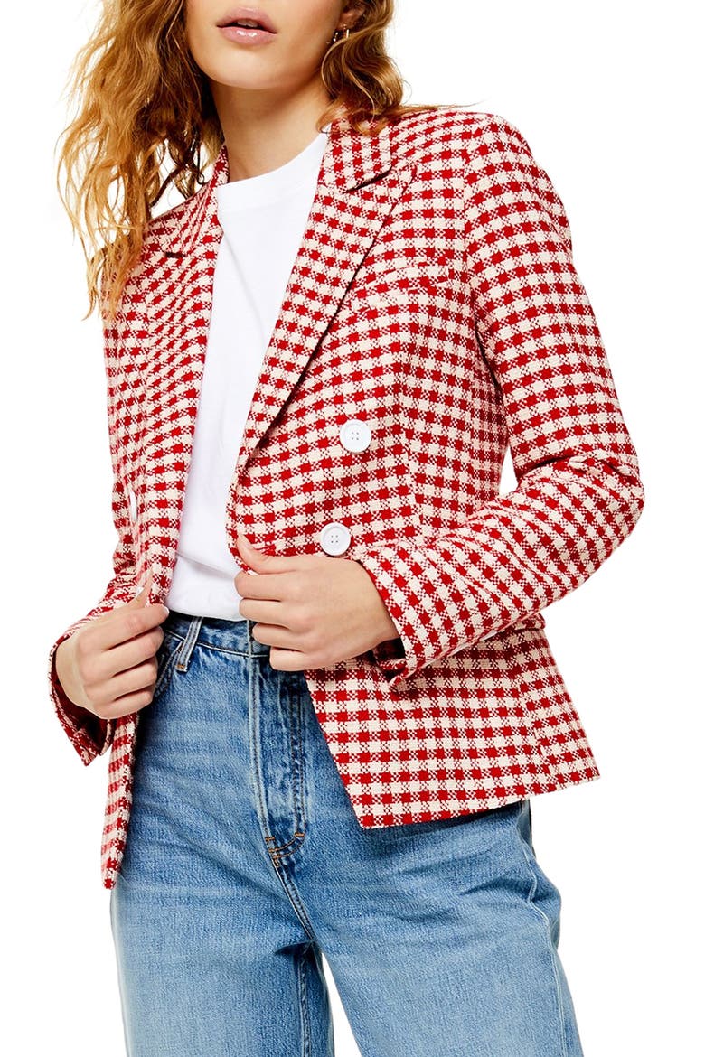Check Double Breasted Blazer, Main, color, RED MULTI