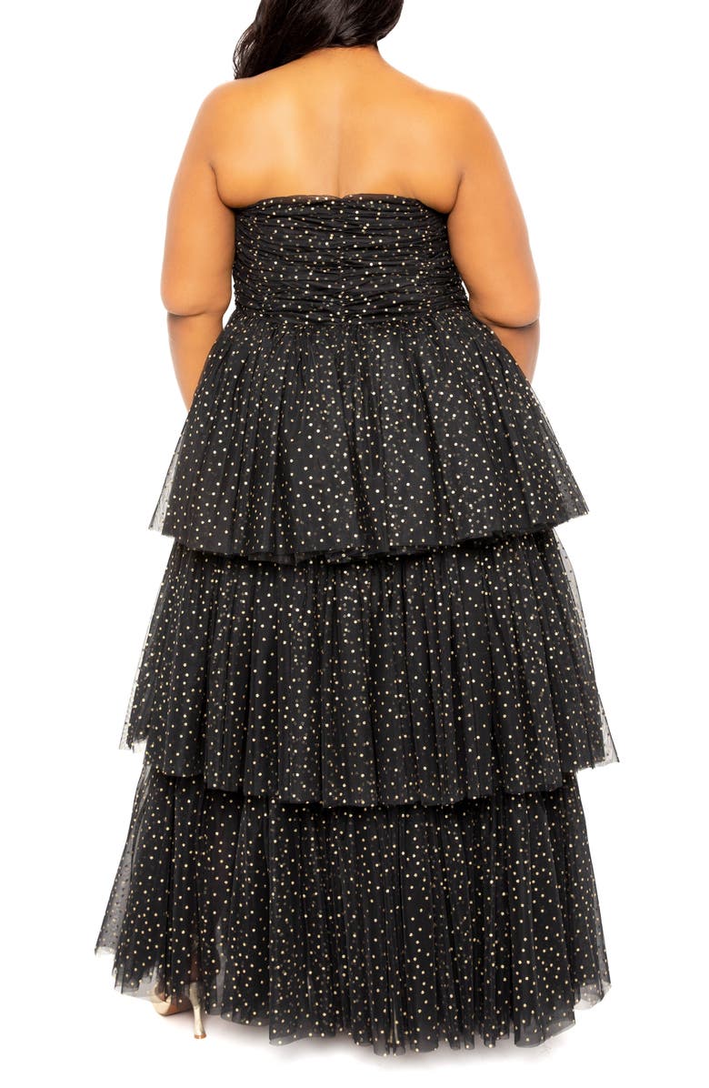 BUXOM COUTURE Metallic Polka Dot Strapless Tiered Tulle Dress, Alternate, color, Black