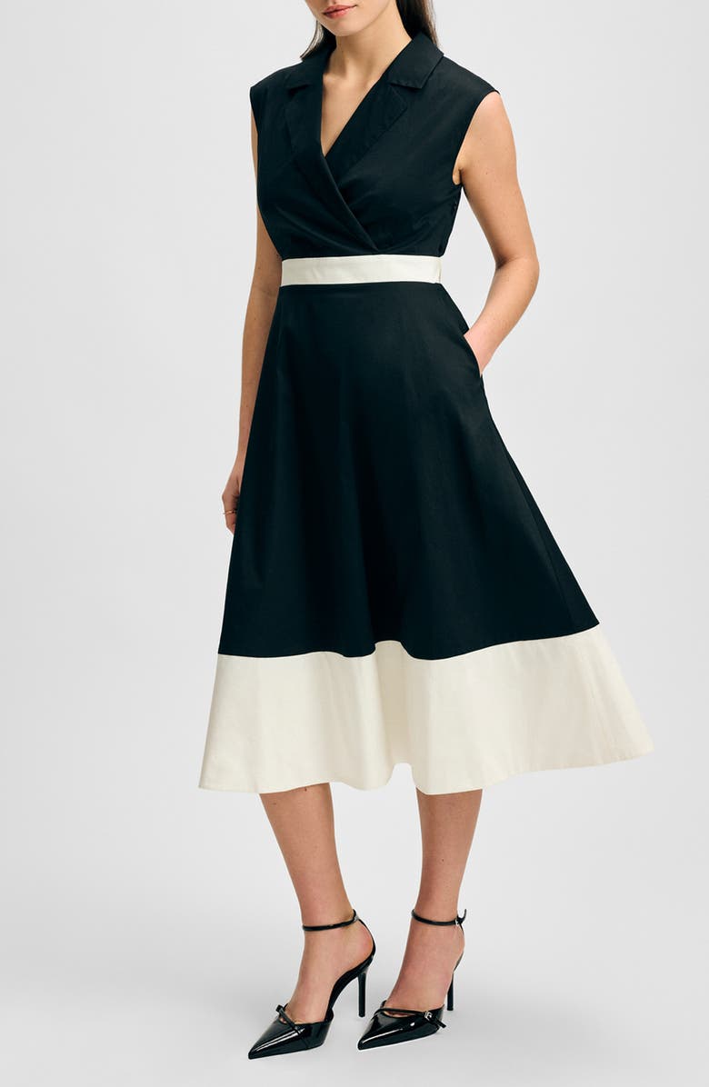 Isaac Mizrahi New York Colorblock Sleeveless Stretch Cotton Midi Dress, Main, color, 
