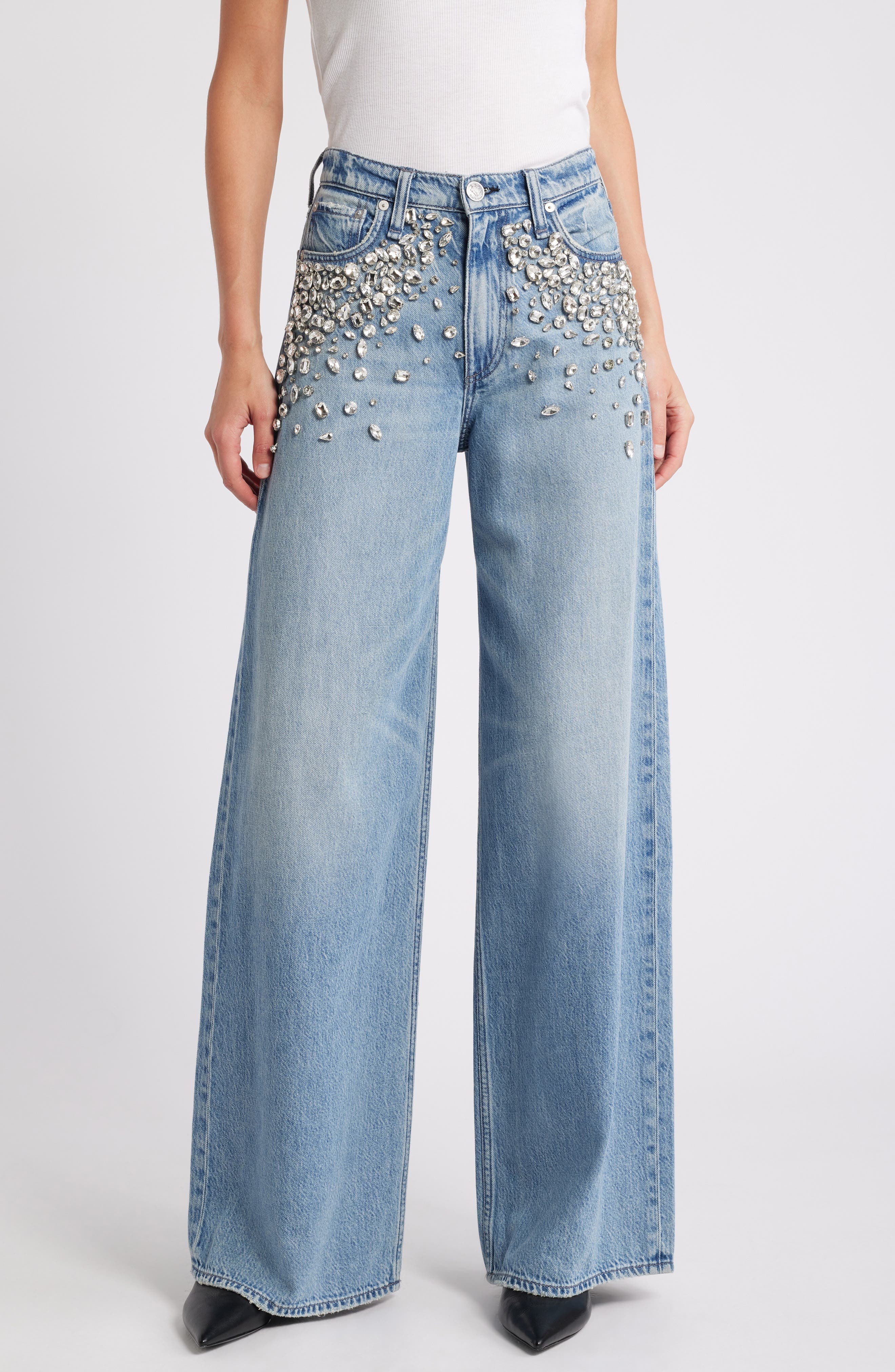 rag & bone Featherweight Sofie Bedazzled High Waist Wide Leg Jeans