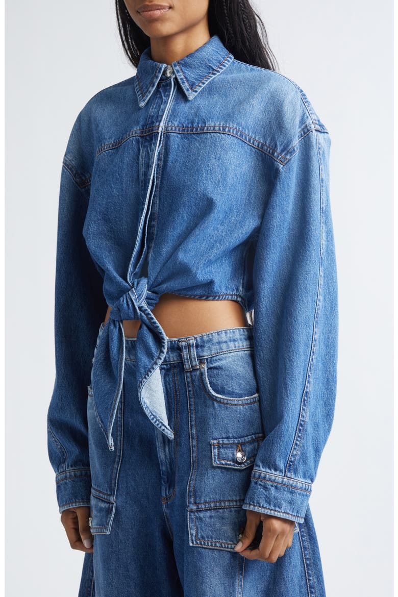 Pevera Crop Tie Front Denim Button-Up Shirt, Alternate, color, MIDNIGHT BLUE
