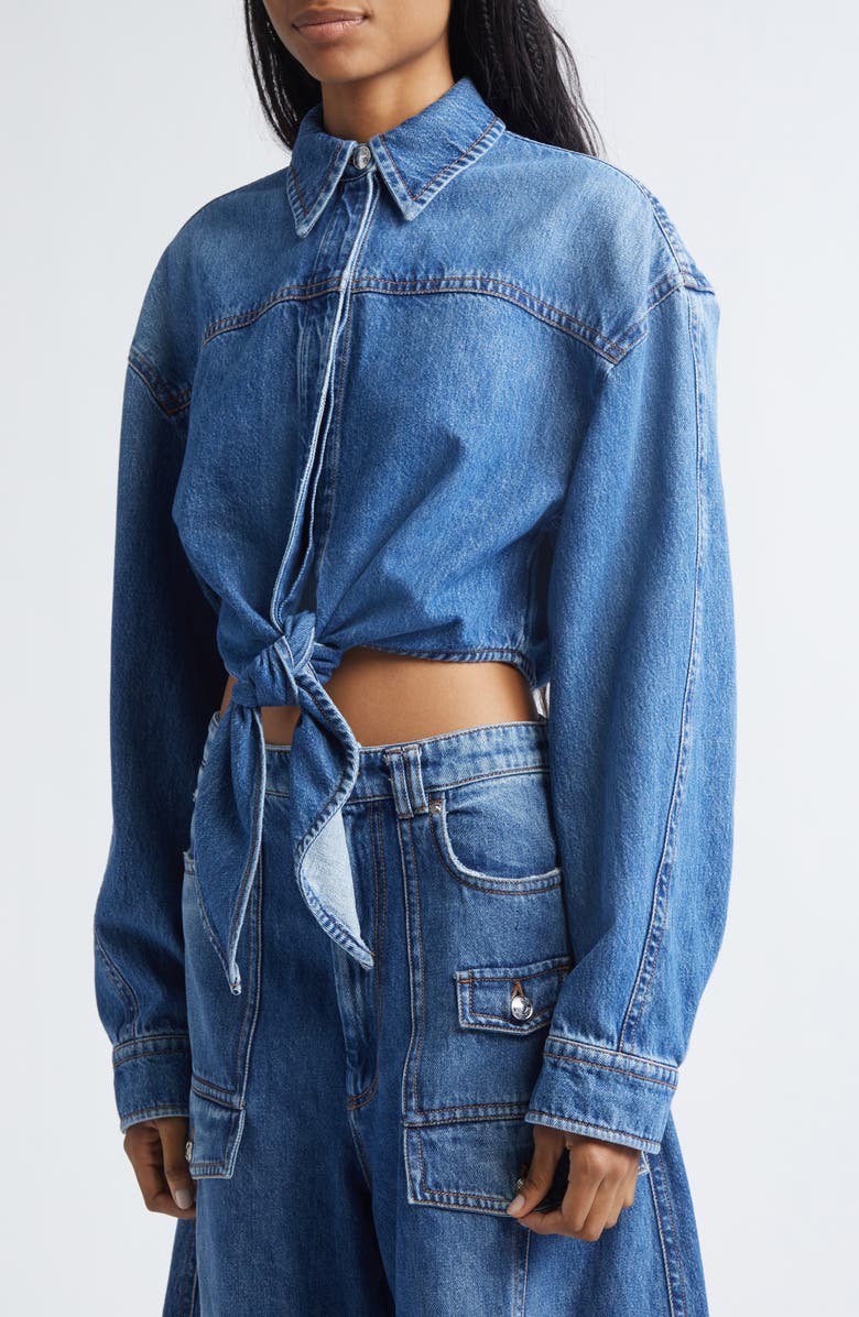 SPORTMAX Pevera Crop Tie Front Denim Button-Up Shirt, Alternate, color, Midnight Blue