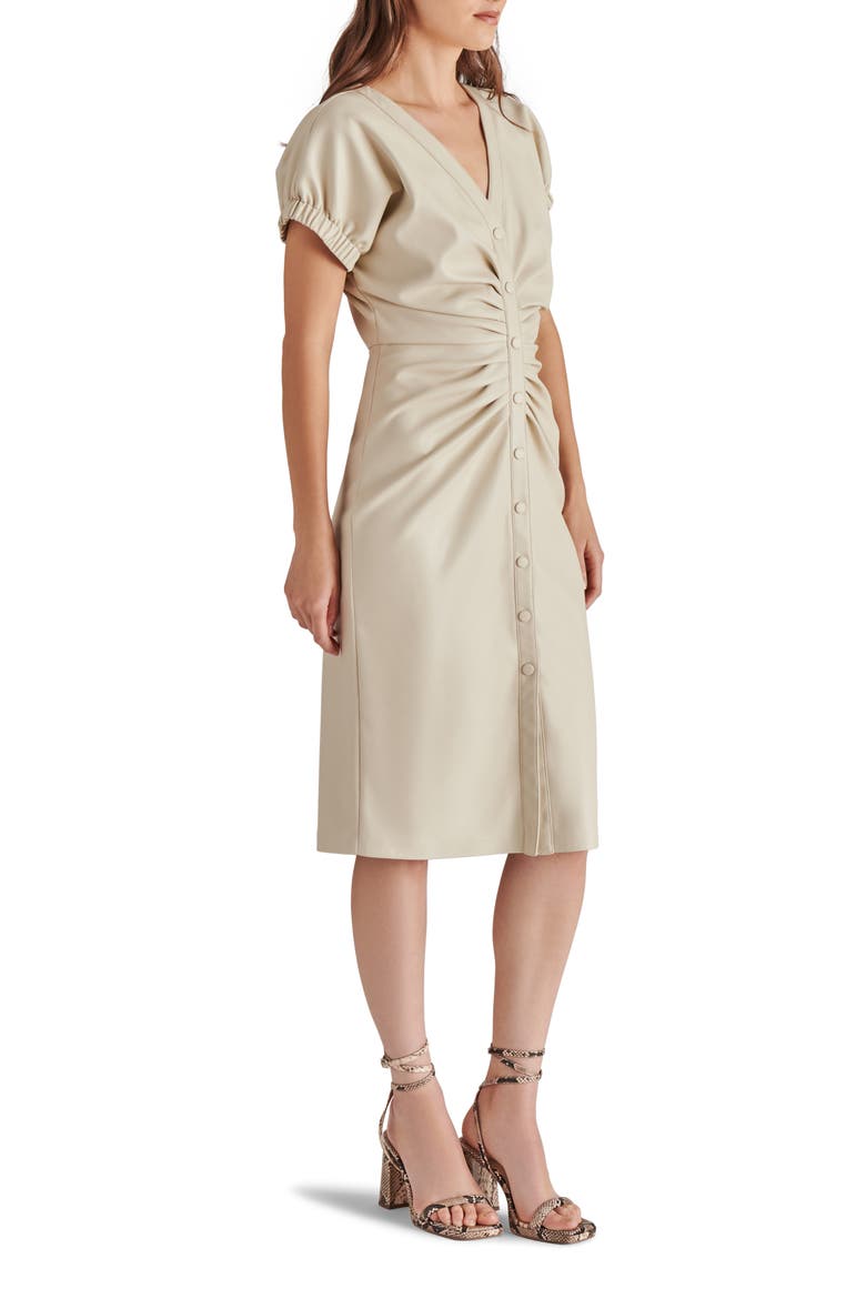 Arin Ruched Faux Leather Snap Front Dress, Alternate, color, BONE